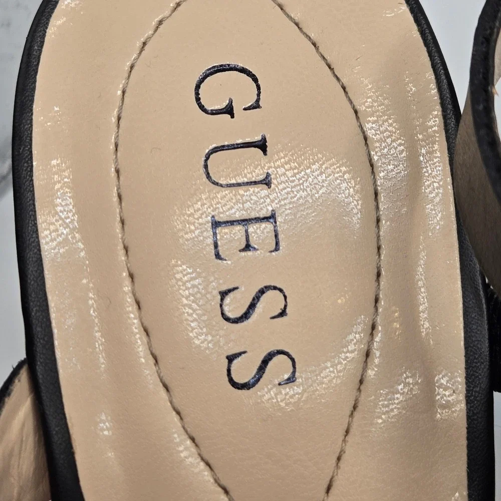 Guess Wedge Sandals Womens 8.5 Black  Leather Cork Strappy Platform (S11)